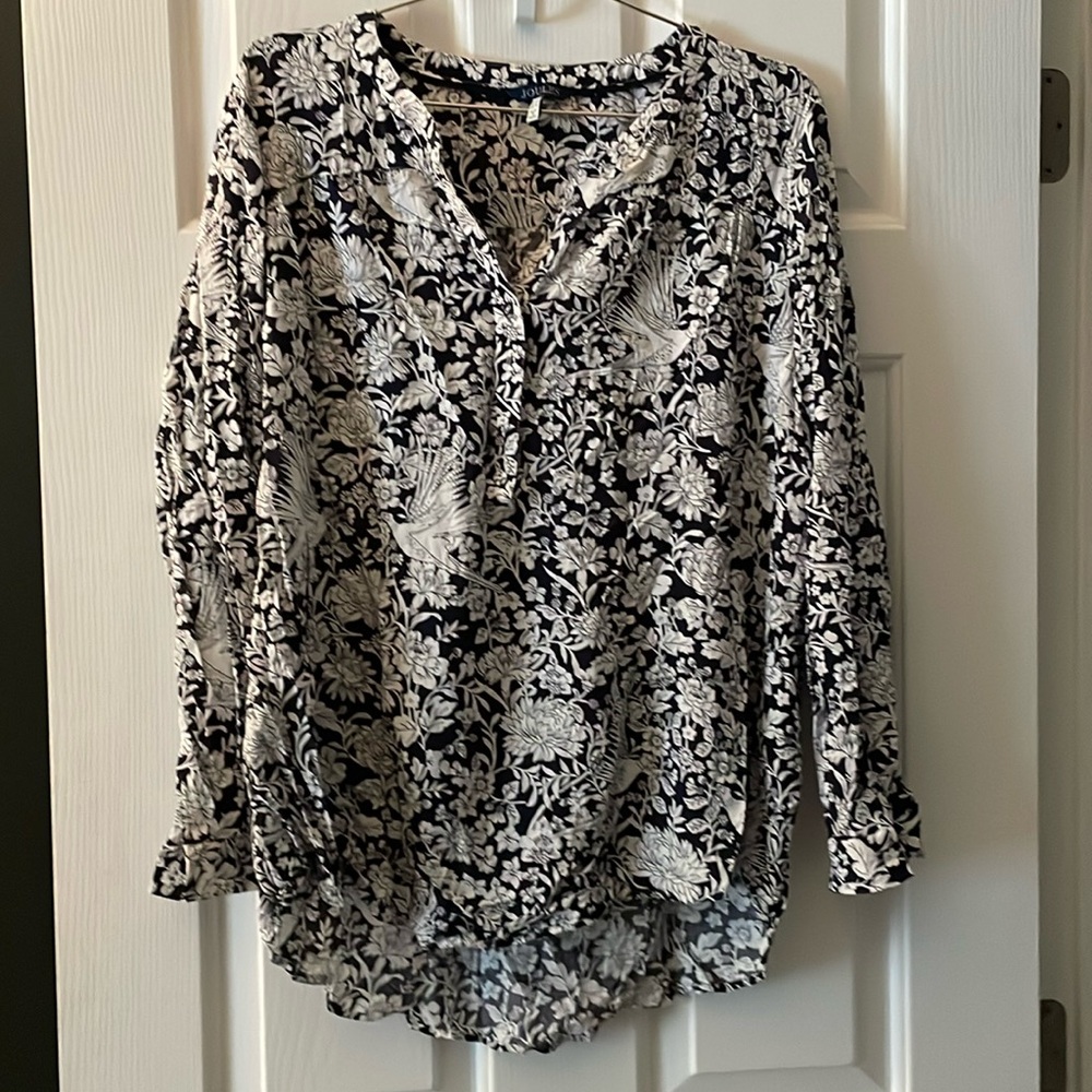 Joules Rosamund tunic blouse with navy and white floral/ bird print